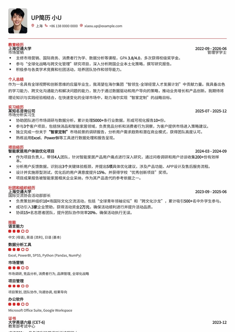 海尔集团2026校招智领生-全球经营人才计划专属简历模板简历模板预览