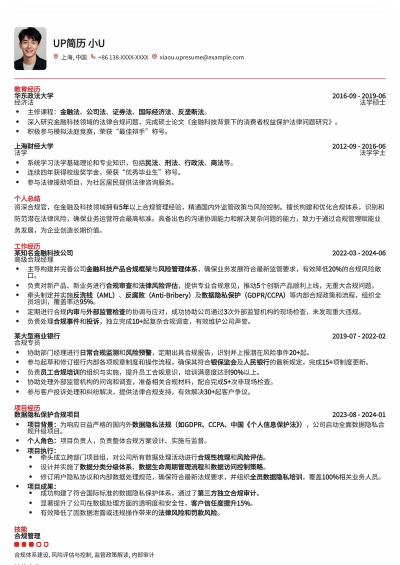 专业合规官简历模板：助您精准匹配金融、法律与企业合规岗位简历模板预览
