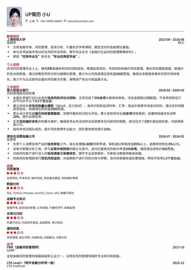 金融风控经理/信审官简历模板:全面风险管理专家风采简历模板预览