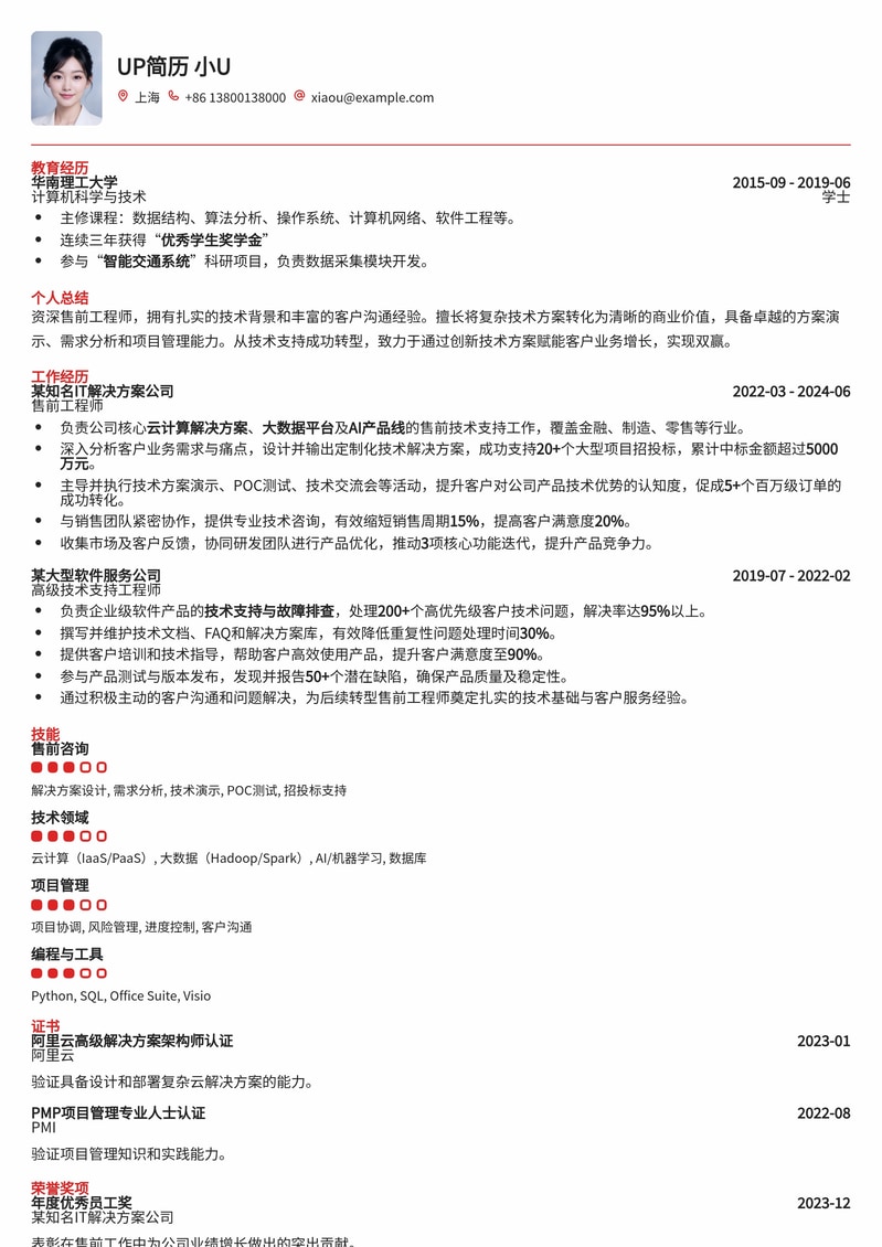 技术支持转售前：打造高转化售前工程师简历模板简历模板预览