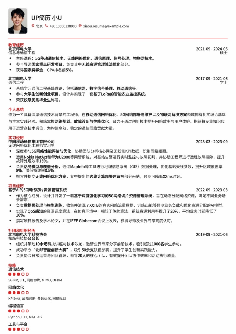 通信/运营商技术岗高薪简历模板：移动/电信/联通求职优选简历模板预览