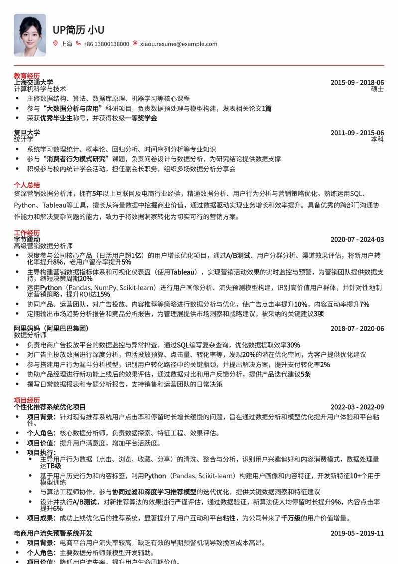 营销数据分析师精英简历模板：洞察市场，驱动增长简历模板预览