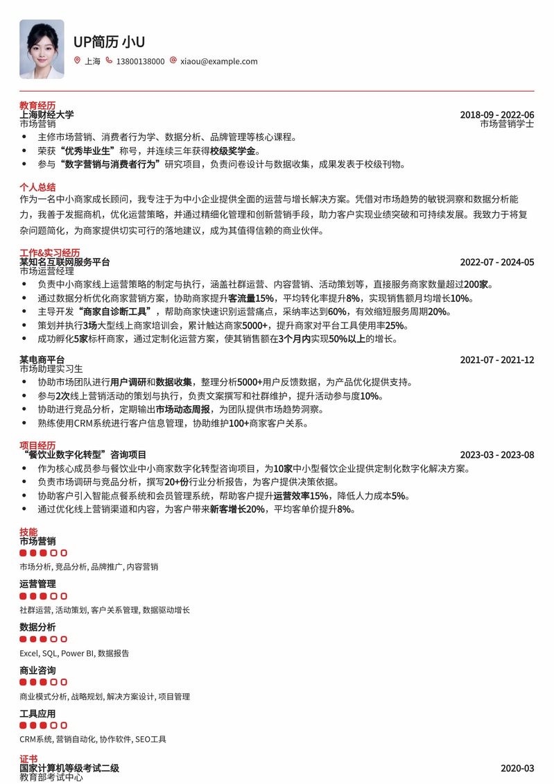 中小商家成长顾问简历模板：助您成为企业增长的幕后推手简历模板预览