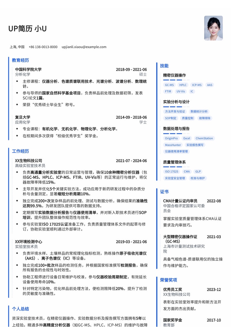 实验室技术员简历模板：精密仪器操作与实验数据分析报告简历模板预览