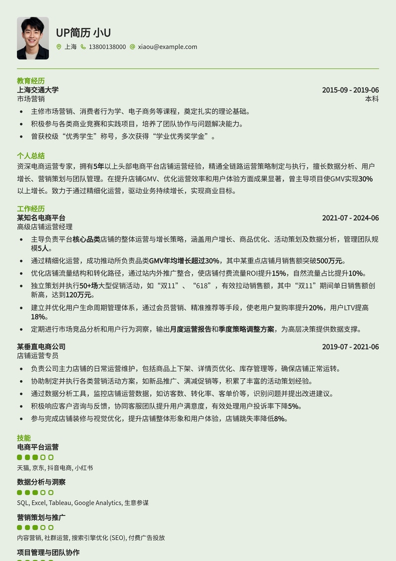 高级店铺运营简历模板：电商实战精英专属，助你进阶管理岗简历模板预览