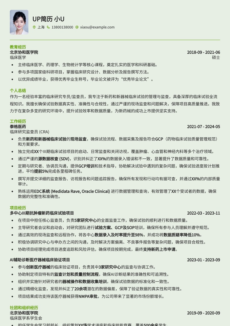 临床研究专员/监查员专业简历模板:助您在医疗行业脱颖而出