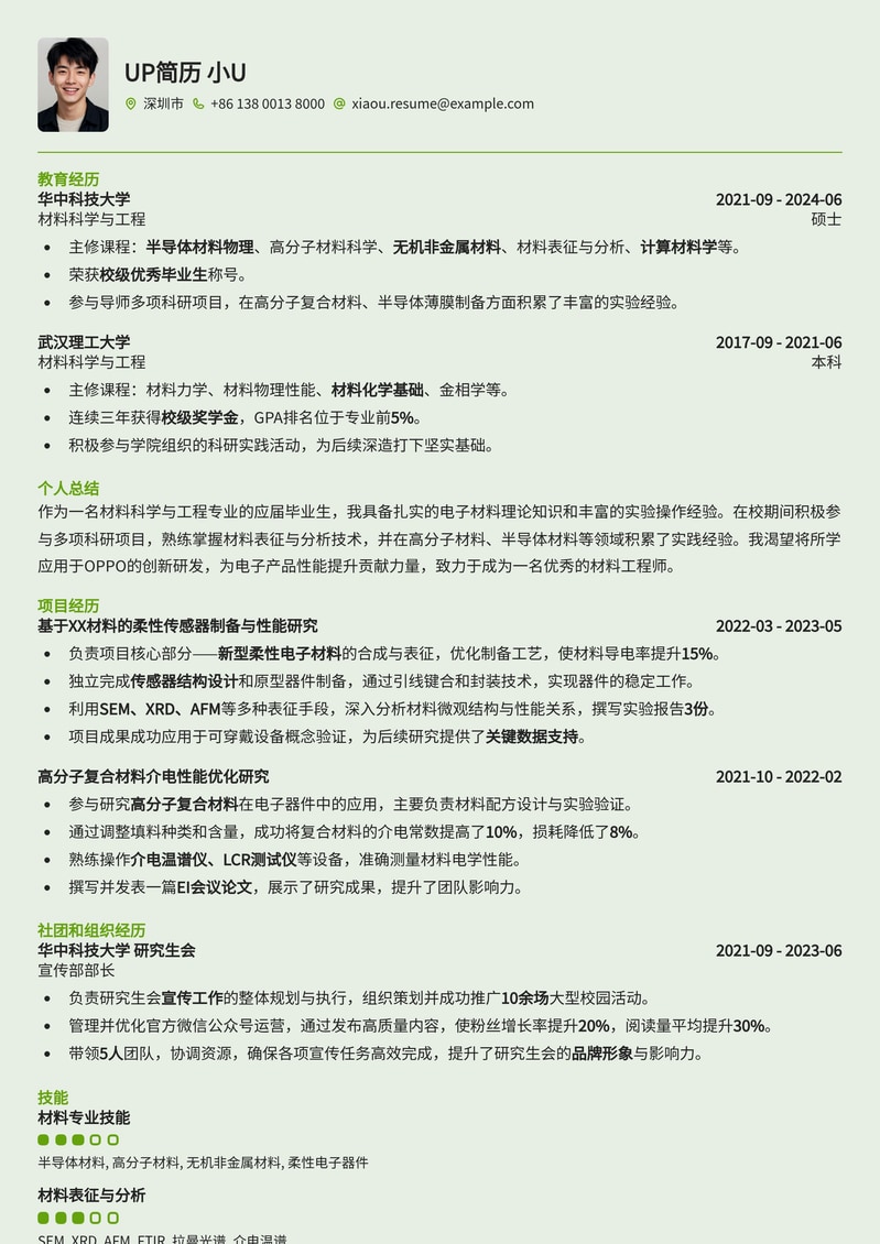OPPO材料工程师（电子方向，应届生）求职简历模板简历模板预览
