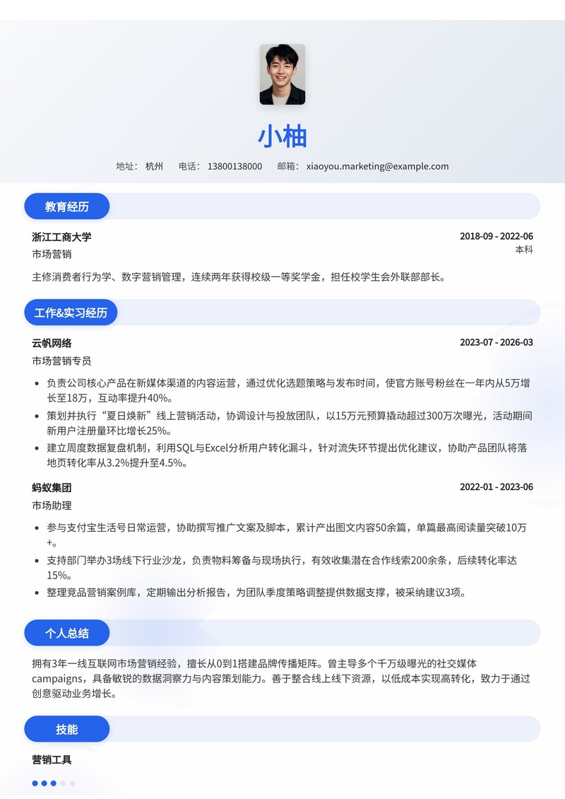 市场营销专员简历模板 - 专业商务风格求职案例