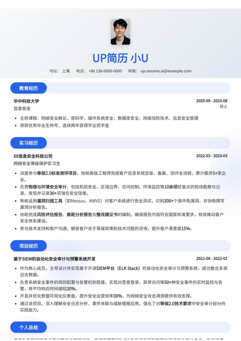 网络安全等级保护助理简历模板：精通等保2.0与物理环境安全审计简历模板预览