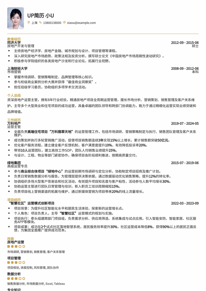 房地产运营主管专业简历模板:高效呈现项目管理与团队领导力简历模板预览