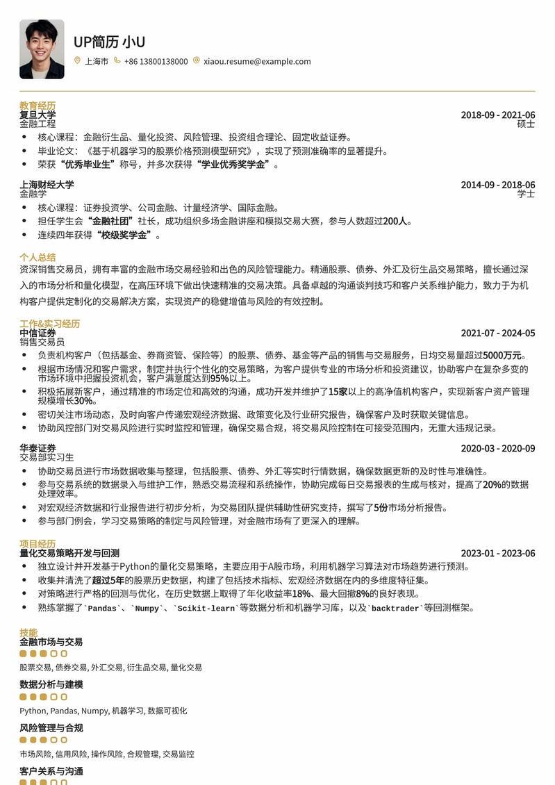 金融交易员高效简历模板：助您斩获高薪Offer简历模板预览