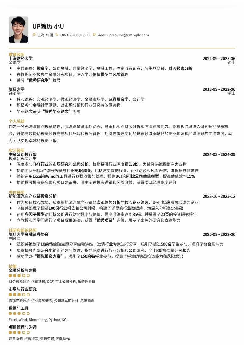 金融精英之选：投资助理专业简历模板简历模板预览