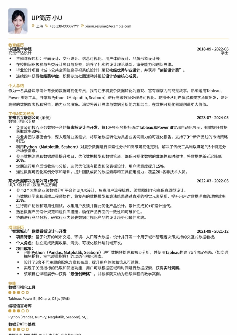 设计背景转型数据可视化专员简历模板：突出数据洞察与设计美感简历模板预览