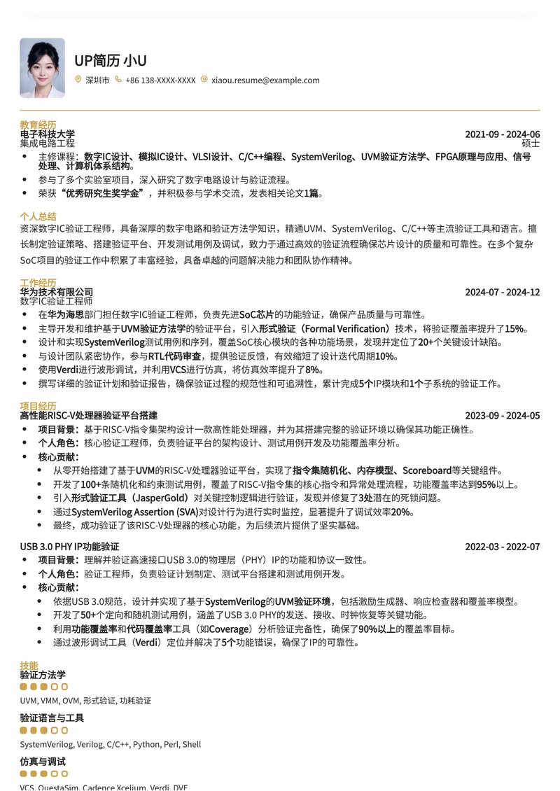 数字IC验证工程师精品简历模板:助您锁定高薪职位简历模板预览