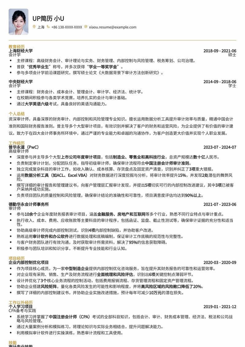 四大会计师事务所审计师专业简历模板简历模板预览