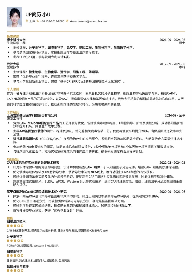 精准匹配！细胞/基因治疗研发工程师专业简历模板（高级版）简历模板预览