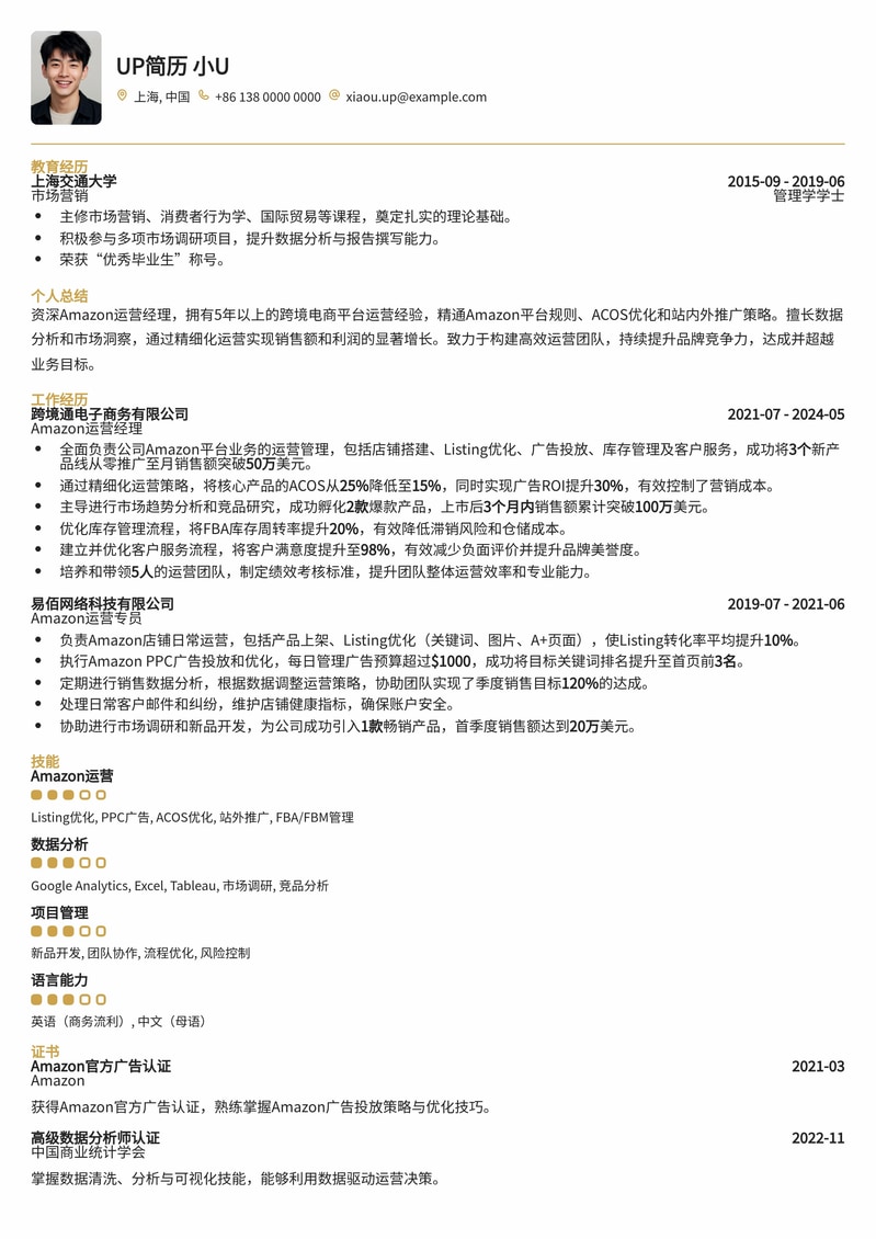 亚马逊运营管理精英简历模板：助您驰骋跨境电商蓝海简历模板预览