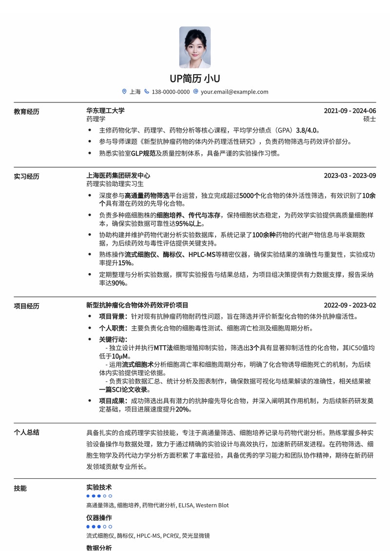 合成药理实验助理简历模板：高通量筛选、细胞培养与药物代谢分析实验表强化版简历模板预览
