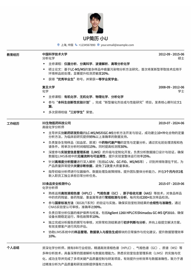 化学分析师专业简历模板:色谱/质谱图谱展示与LIMS系统经验简历模板预览