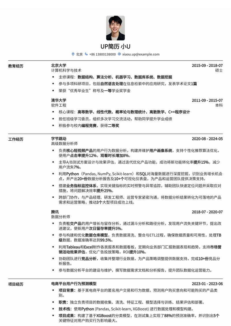 数据分析师专业简历模板:洞察数据,驱动增长简历模板预览
