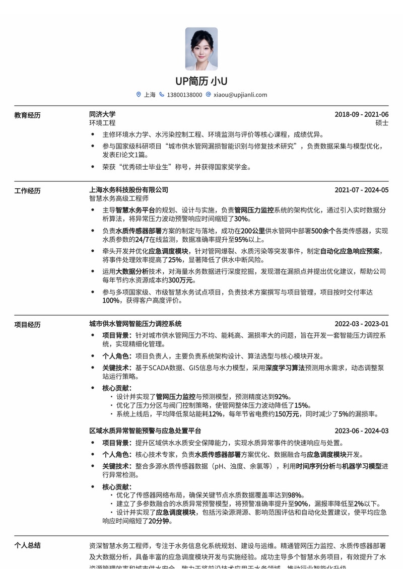 智慧水务工程简历模板：精准监控，高效应急，构建未来水管理简历模板预览