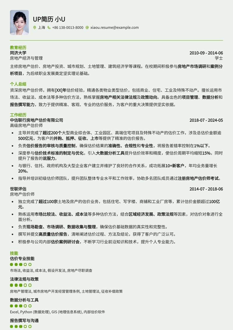 房地产估价师专业简历模板：精准评估，价值尽显简历模板预览