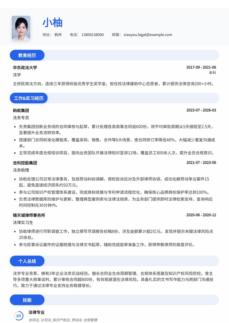 专业法务专员简历模板 - 法律行业求职必备简历模板预览