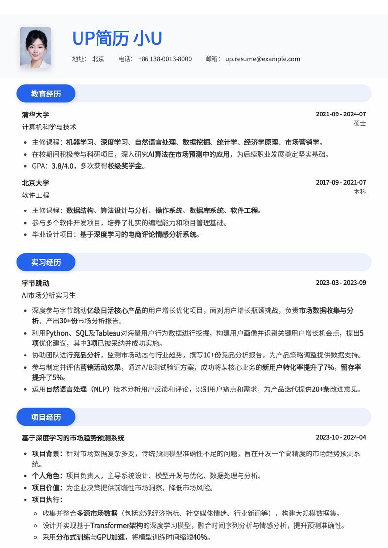 AI 市场分析师简历模板:洞察市场,驱动增长简历模板预览