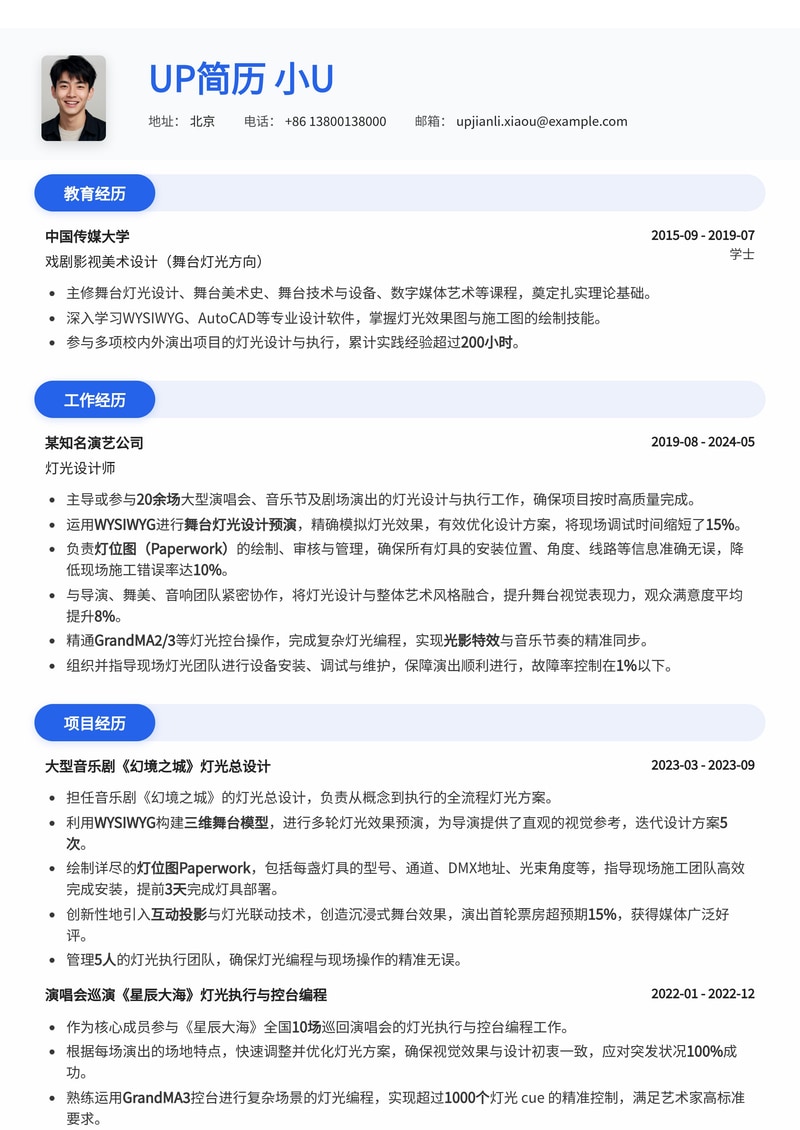 专业灯光师简历模板：WYSIWYG效果图与灯位图，舞台设计必备简历模板预览