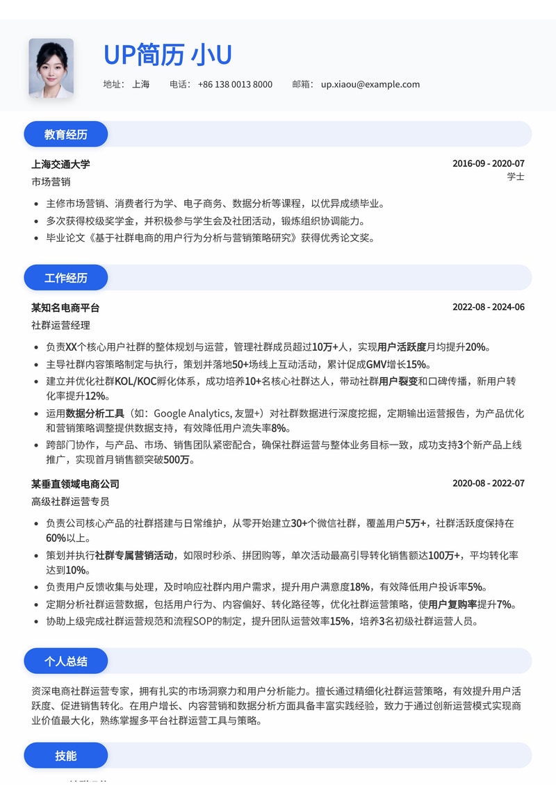 社群运营简历模板：电商社群运营通用简历模板预览