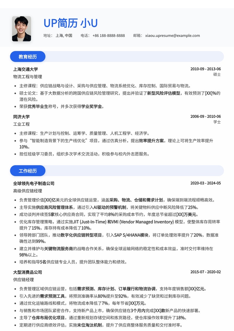 高效供应链经理简历模板：优化流程，提升效益简历模板预览