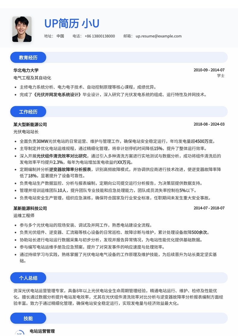 光伏电站站长专业简历模板：组件清洗与逆变器故障分析实战案例