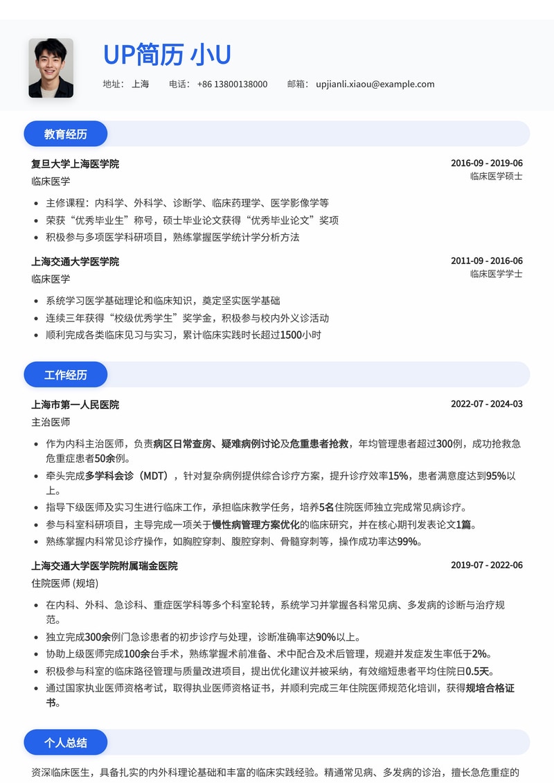 临床医生(内/外科)专业简历模板:执业医师必备,规培/主治晋升通用简历模板预览