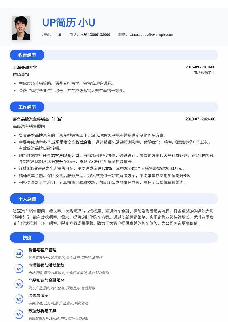 汽车销售简历模板：季度交车仪式合集与转介绍客户裂变数据，助你脱颖而出！简历模板预览