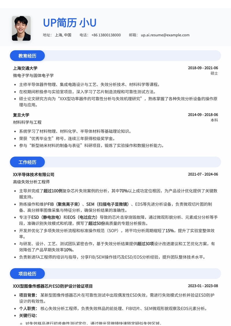 芯片失效分析工程师(FA Engineer)简历模板：深度解析FIB/SEM微观切片与ESD/EOS根因分析简历模板预览