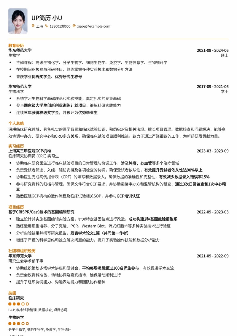 985热门高校-临床监查员（CRA）专业简历模板简历模板预览