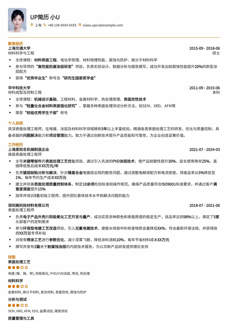 表面处理工程师简历模板:专业机械制造领域求职优选简历模板预览