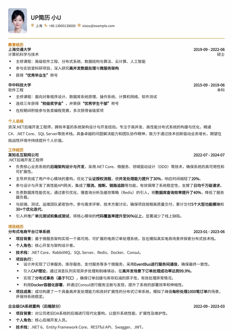 高效专业：.NET后端开发工程师简历模板（适用社招）简历模板预览