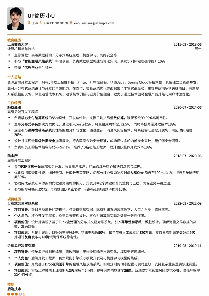 金融科技(Fintech)后端开发工程师专业简历模板简历模板预览