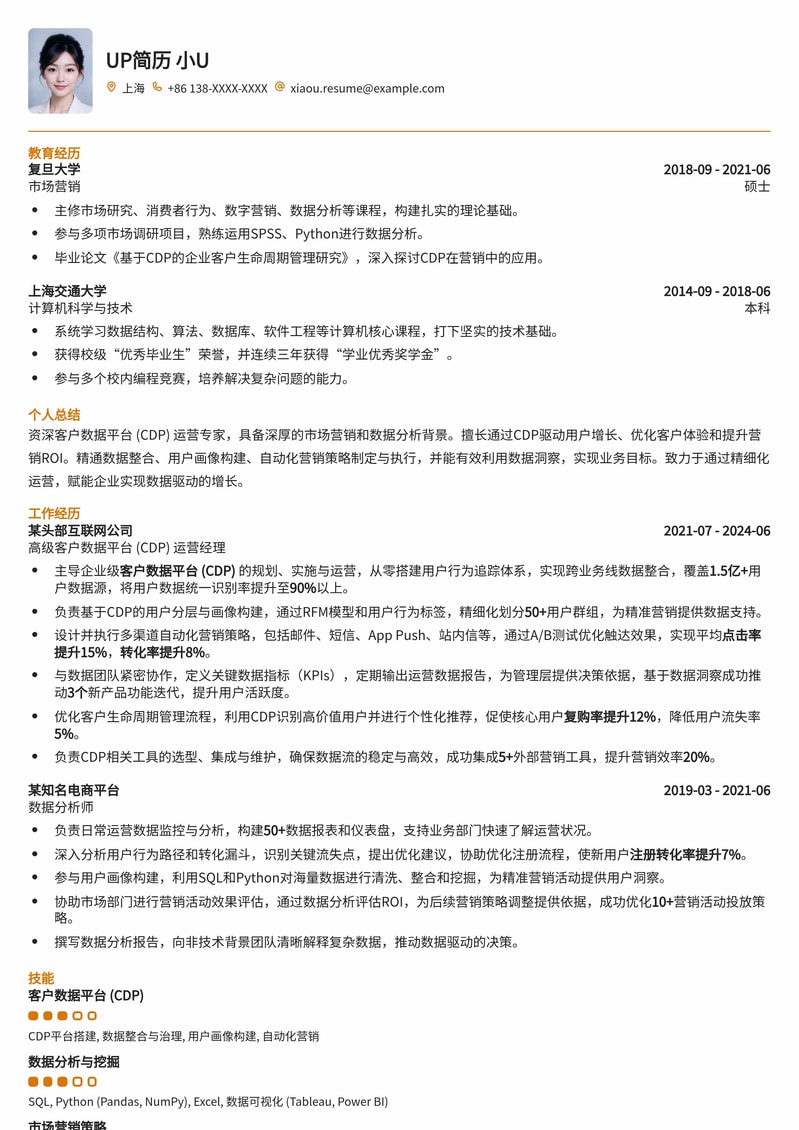 客户数据平台(CDP)运营简历模板：数据驱动增长的CDP运营专家简历模板预览