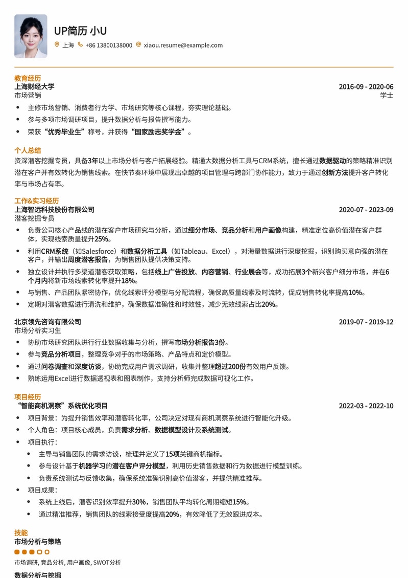 潜客挖掘专员简历模板：精准营销与数据洞察力简历模板预览