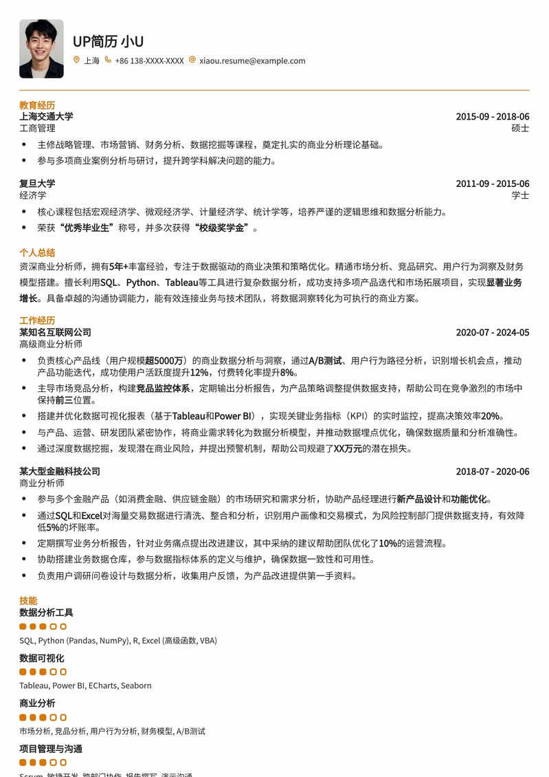 数据驱动型商业分析师(BA)简历模板：深度洞察，决策优化