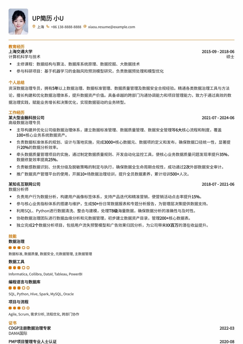 数据治理专员专业定制简历模板：助您精准匹配岗位需求简历模板预览