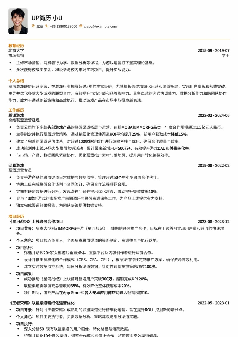 游戏联盟运营：打造电竞生态，引爆玩家社群的专业简历模板简历模板预览