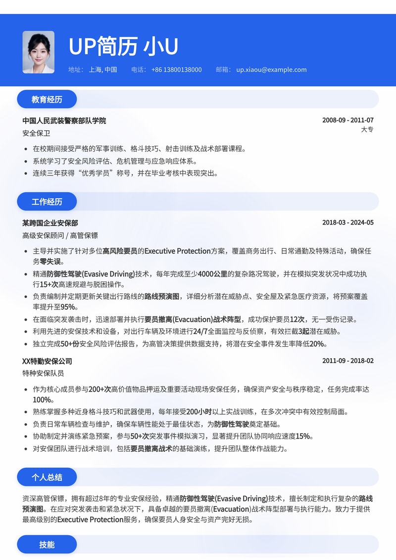 高管保镖(Executive Protection)专业简历模板：防御性驾驶与要员撤离战术图解简历模板预览