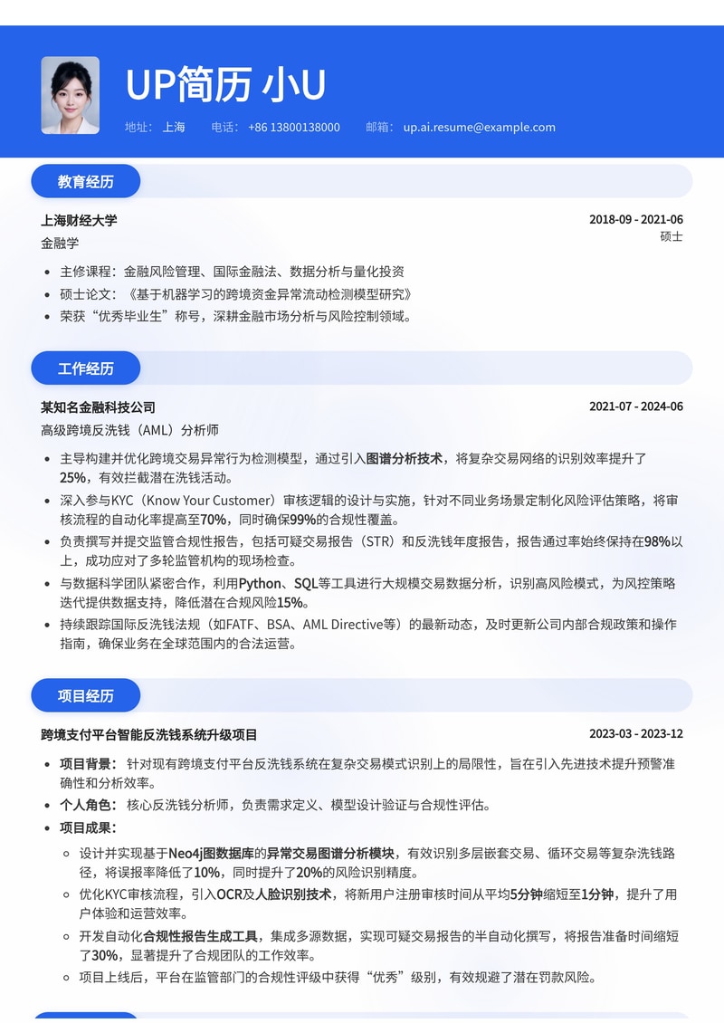 跨境反洗钱(AML)分析师简历模板:深度解析异常交易图谱、强化KYC与合规报告撰写简历模板预览