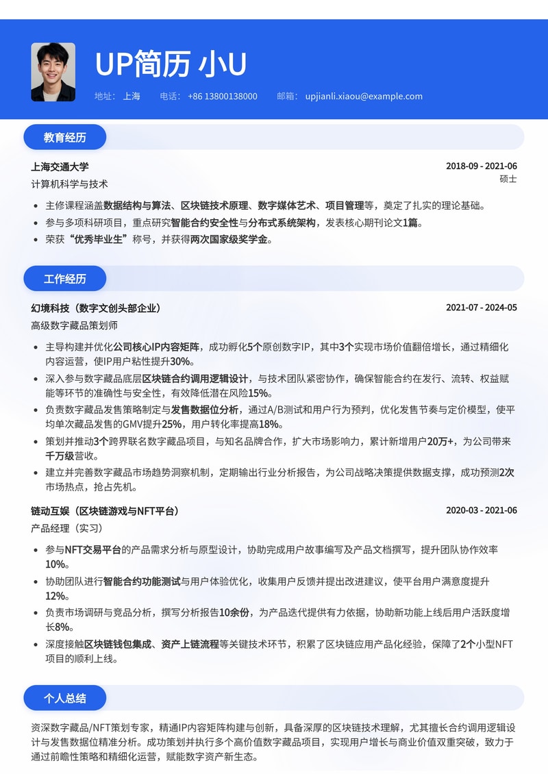 数字藏品/NFT策划专家简历模板：IP内容矩阵、区块链合约与发售数据深度解析简历模板预览