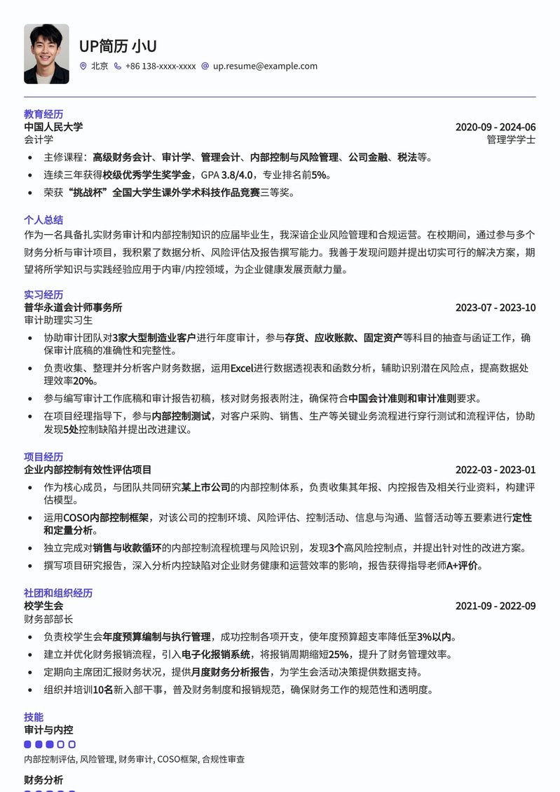 985热门-内审/内控专员简历模板:精准匹配企业需求,助你脱颖而出简历模板预览