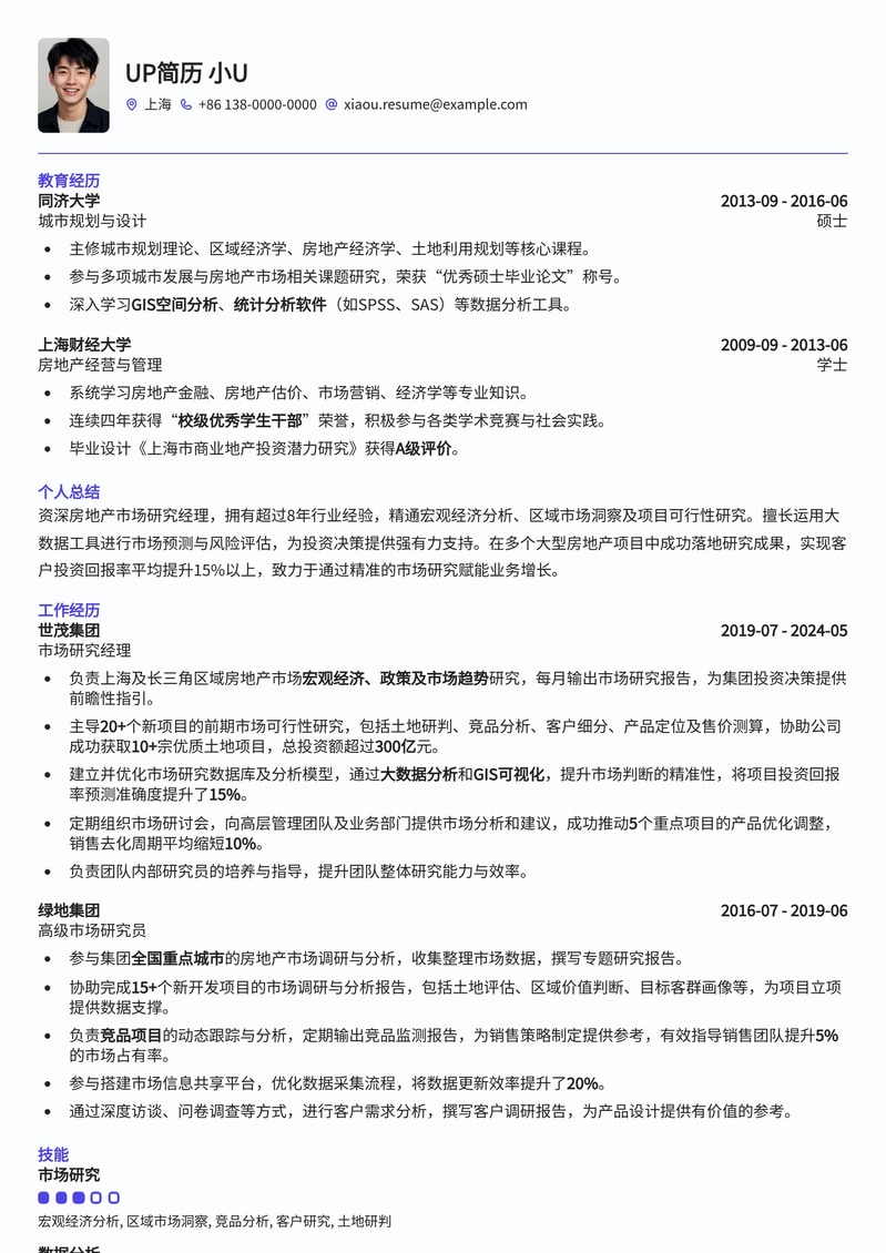 房地产市场研究经理精英简历模板：深度洞察，决胜千里简历模板预览