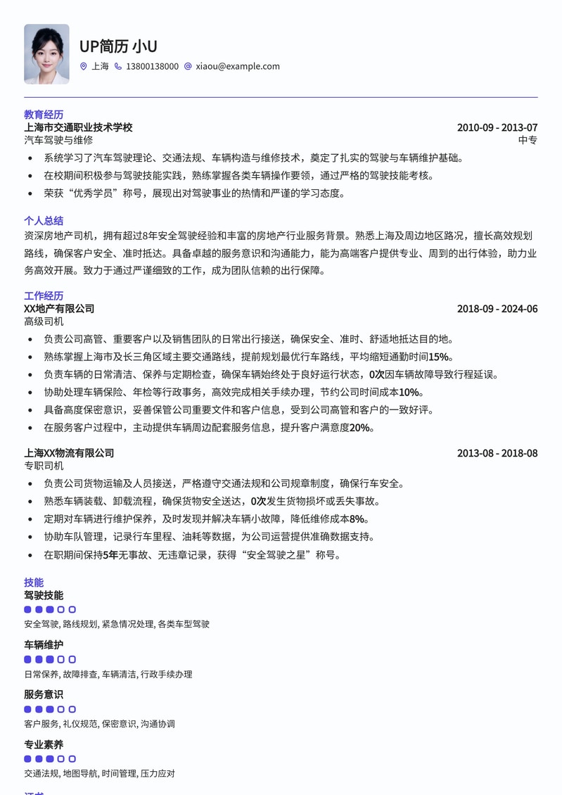 专业房地产司机简历模板:助您驰骋职场,安全高效简历模板预览